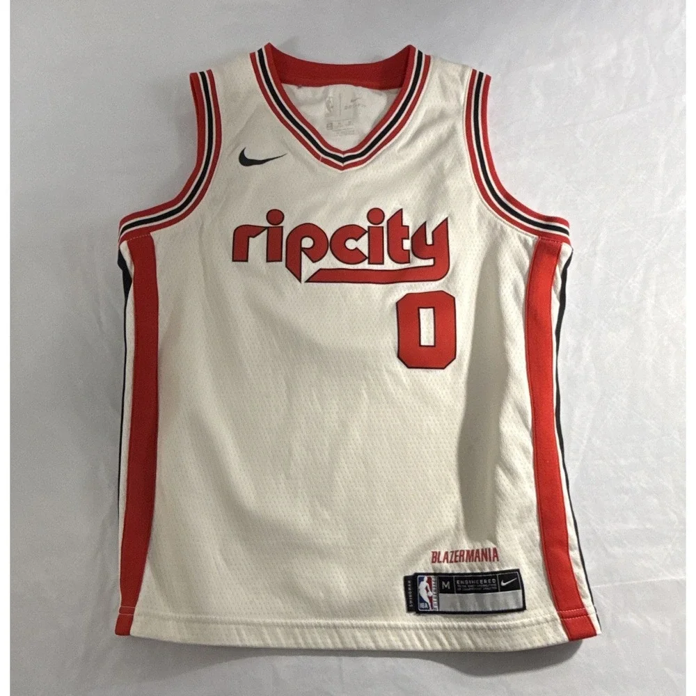 Nike NBA Trail Blazers Damian Lillard 0 Rip City Swingman Jersey White Youth M